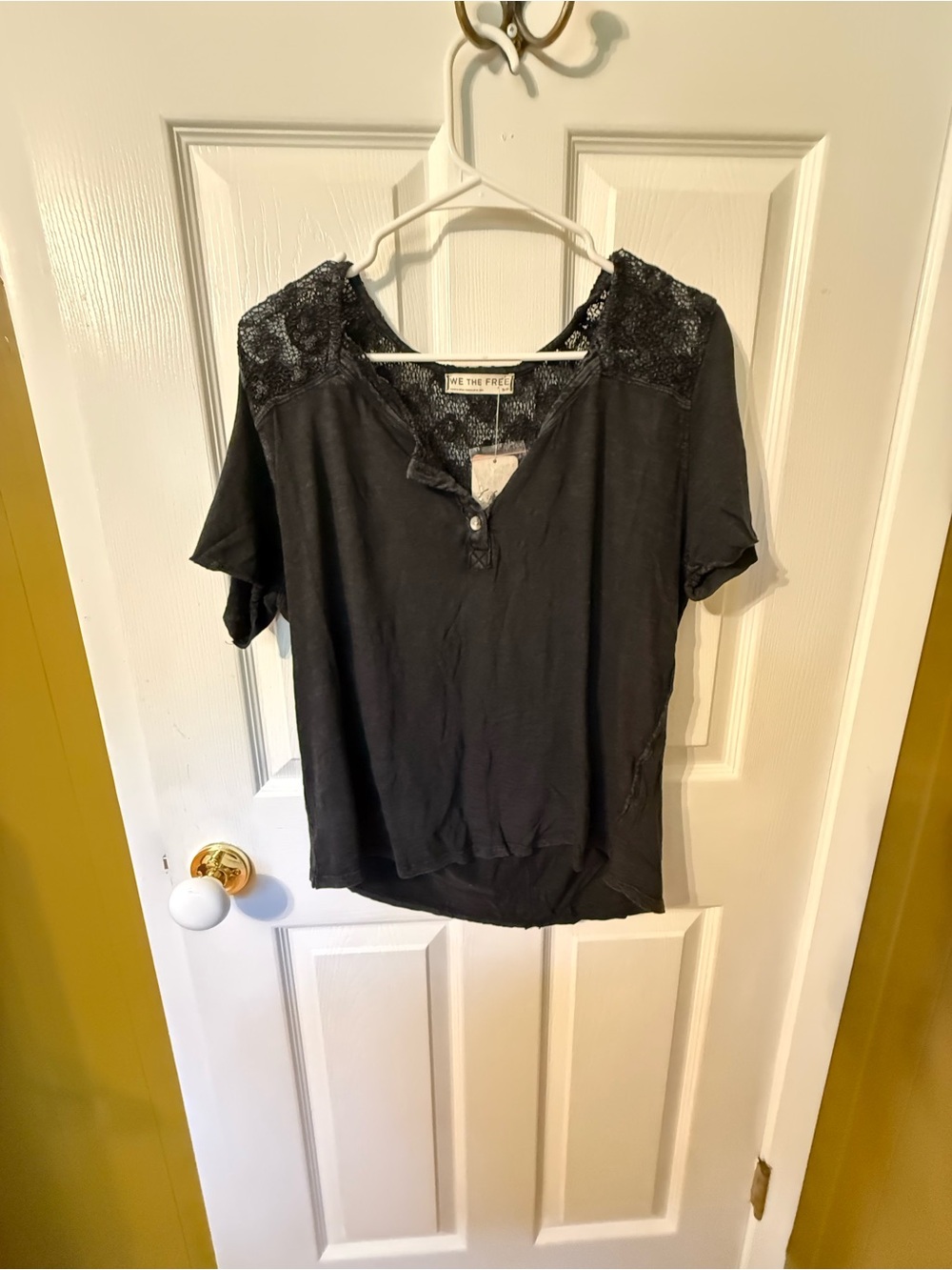 We The Free Black Lace-Shoulder Henley Short Sleeve Top